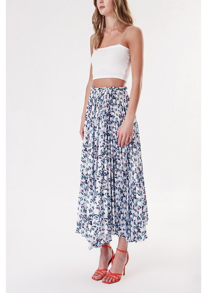 Beyaz Mavi Beli Lastikli Piliseli Etek 81218