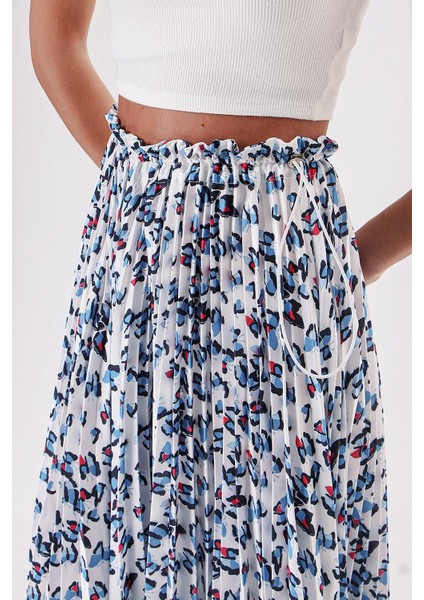 Beyaz Mavi Beli Lastikli Piliseli Etek 81218