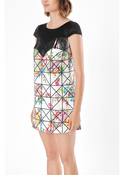 Çiçekler Ve Geometrik PÜSKÜL DETAYLI DESENLİ ELBİSE 91568