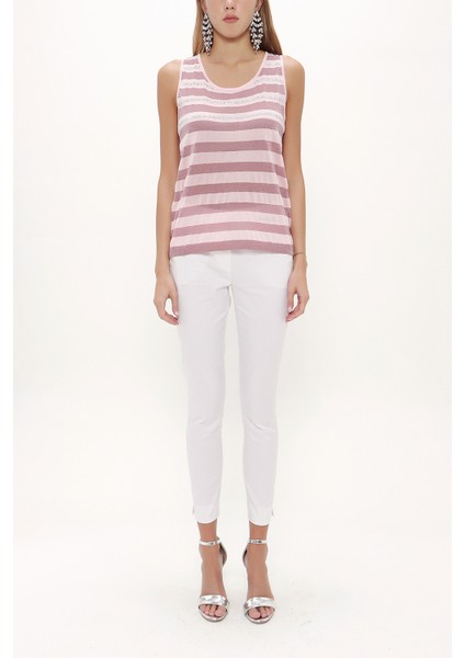 Pembe Taşlı Kolsuz Triko Bluz 28484