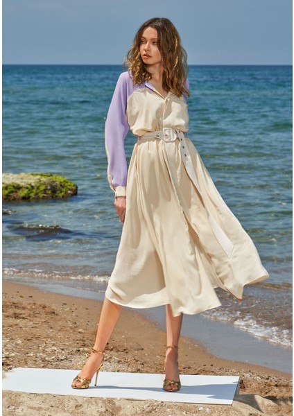 Bej Mor Şifon Kombinli Gömlek Elbise 93550