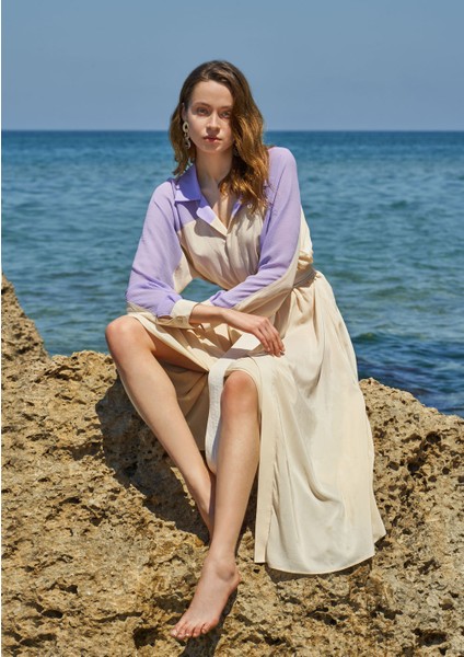 Bej Mor Şifon Kombinli Gömlek Elbise 93550 indirimleri