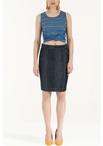 Lacivert Düğmeli ve Taşlı Denim Etek 80521