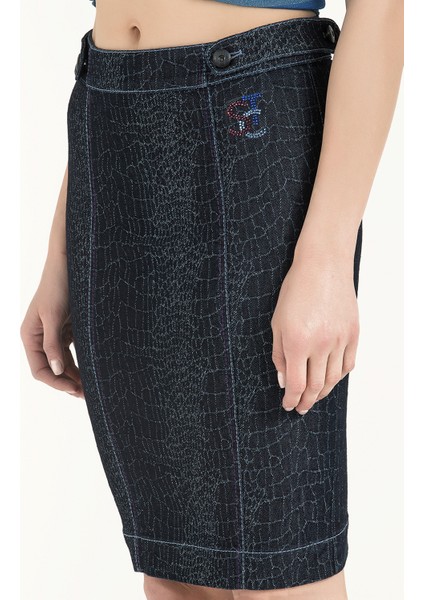 Lacivert Düğmeli ve Taşlı Denim Etek 80521 modelleri