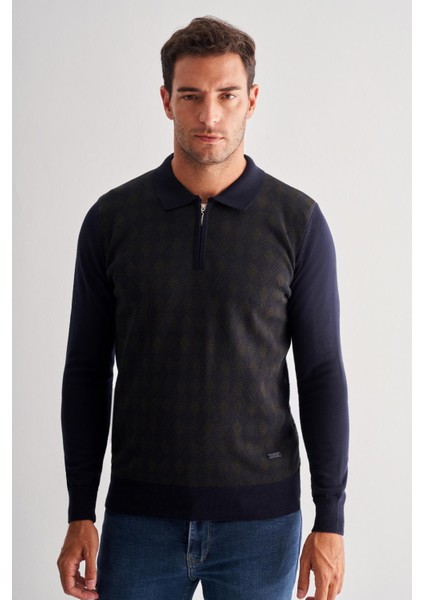 Koyu Lacivert Fermuarlı Polo Yaka Uzun Kol Cepsiz Comfort Fit Pamuklu Triko Kazak 1012255223