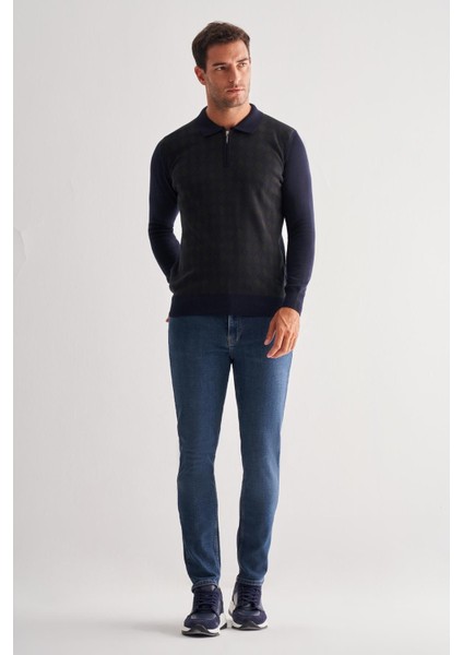 Koyu Lacivert Fermuarlı Polo Yaka Uzun Kol Cepsiz Comfort Fit Pamuklu Triko Kazak 1012255223 fiyatları