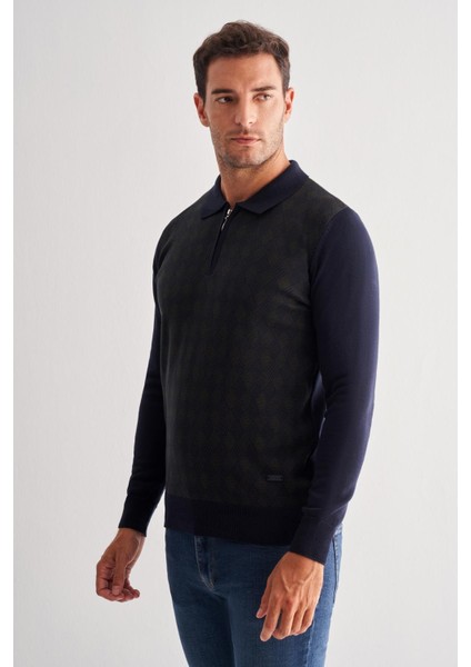 Koyu Lacivert Fermuarlı Polo Yaka Uzun Kol Cepsiz Comfort Fit Pamuklu Triko Kazak 1012255223 modelleri