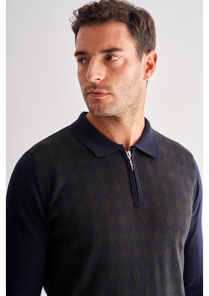 Koyu Lacivert Fermuarlı Polo Yaka Uzun Kol Cepsiz Comfort Fit Pamuklu Triko Kazak 1012255223 fırsatları