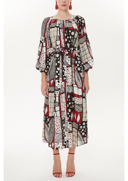 Kırmızı Lastikli Balon Kol Uzun Elbise 92718