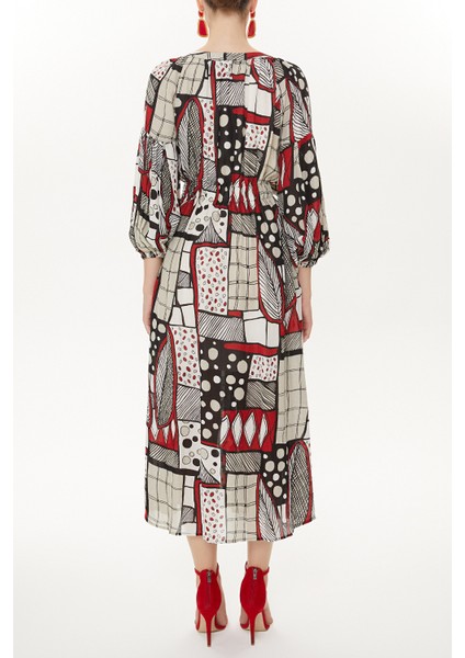 Kırmızı Lastikli Balon Kol Uzun Elbise 92718