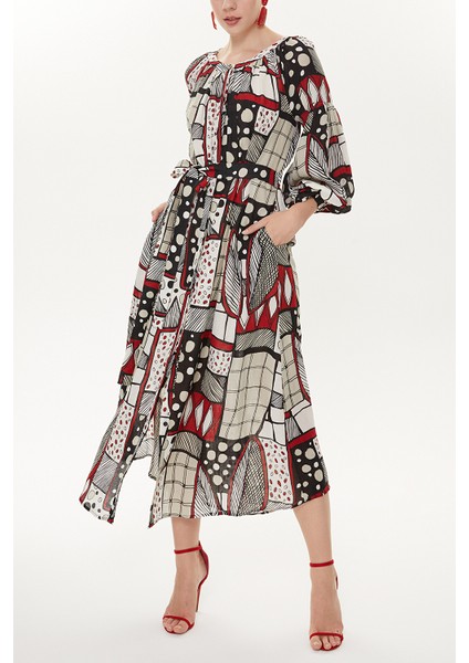 Kırmızı Lastikli Balon Kol Uzun Elbise 92718