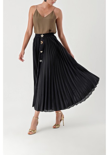 Siyah Piliseli ve Aksesuar Detaylı Uzun Etek 81256