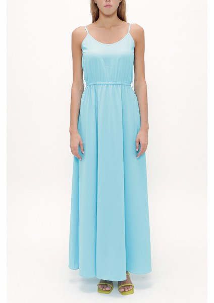 Turkuaz Bağcıklı Ip Askılı Uzun Elbise 92378