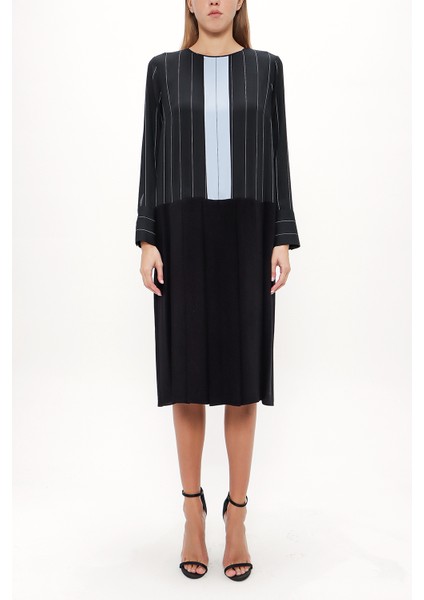 Siyah Pilili Bol Kesim Midi Elbise 92660