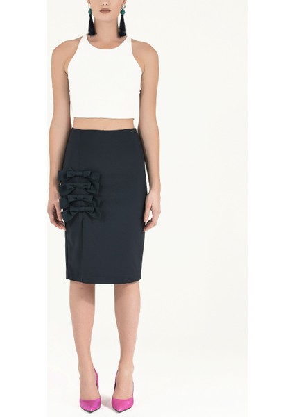 Lacivert Fiyonk Aksesuarlı Kalem Etek 80997