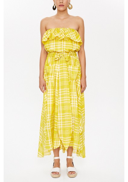 Asit Sarı Straplez Belden Bağlamalı Elbise 93116