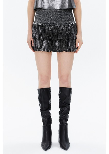 Gümüş Beli Lastik Detaylı Volanlı Mini Etek 81156