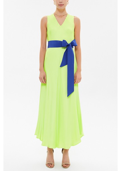 Sarı Kemerli Kolsuz Midi Elbise 92888