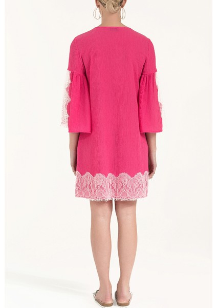 Pembe Dantelli ve Bağcıklı Mini Elbise 92332 fırsatları