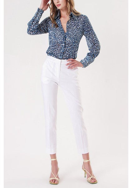 Beyaz Beli Lastikli Boru Paça Pantolon 41630
