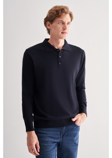 Koyu Lacivert Polo Yaka Cepsiz Comfort Fit Classic Pamuklu Triko Kazak 1012255007