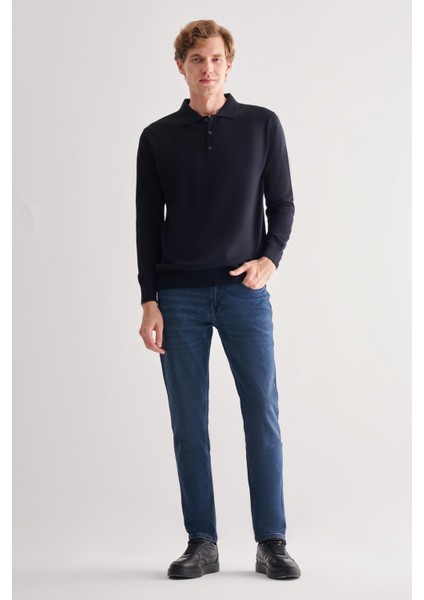 Koyu Lacivert Polo Yaka Cepsiz Comfort Fit Classic Pamuklu Triko Kazak 1012255007 fiyatları