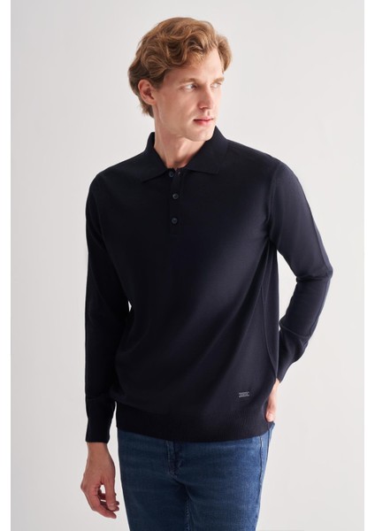 Koyu Lacivert Polo Yaka Cepsiz Comfort Fit Classic Pamuklu Triko Kazak 1012255007 modelleri