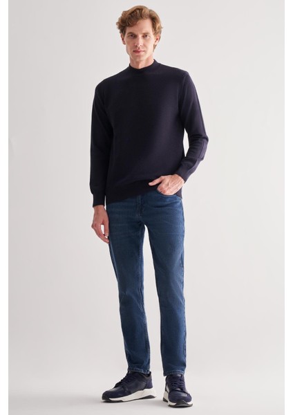 Koyu Lacivert Yarım Balıkçı Yaka Uzun Kol Cepsiz Comfort Fit Classic Pamuklu Triko Kazak 1012255208 fiyatları