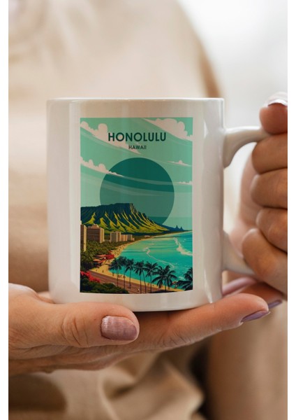 Honolulu- Hawaii Baskılı Premium Kupa Bardak