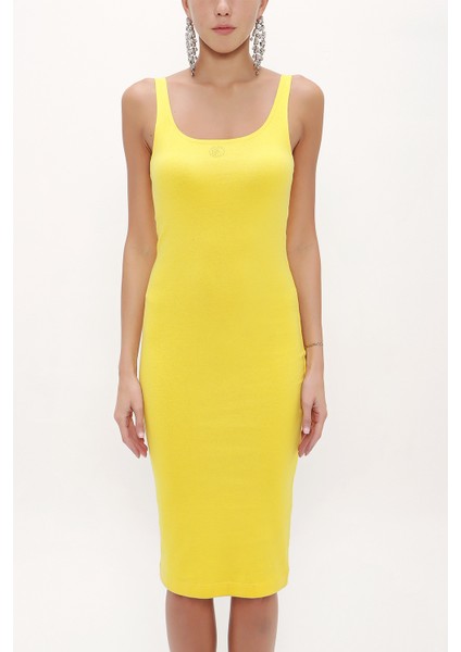Sarı Askılı Dar Kesim Mini Örme Elbise 91967