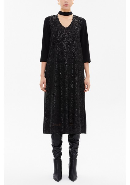 Siyah V Yaka Payetli Bol Kesim Midi Elbise 92227