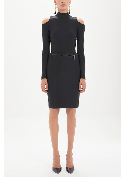 Siyah Deri Kemerli Jakarlı Kalem Etek 80775