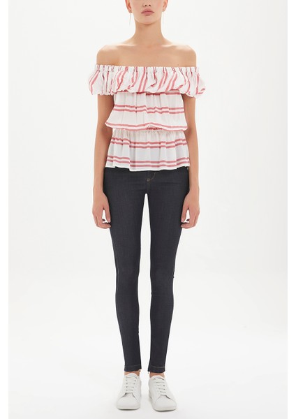 Kırmızı Düşük Omuz Büzgülü Bluz 19714