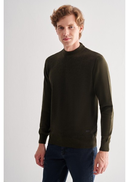 Haki Yarım Balıkçı Yaka Uzun Kol Cepsiz Comfort Fit Pamuklu Triko Kazak 1012255215