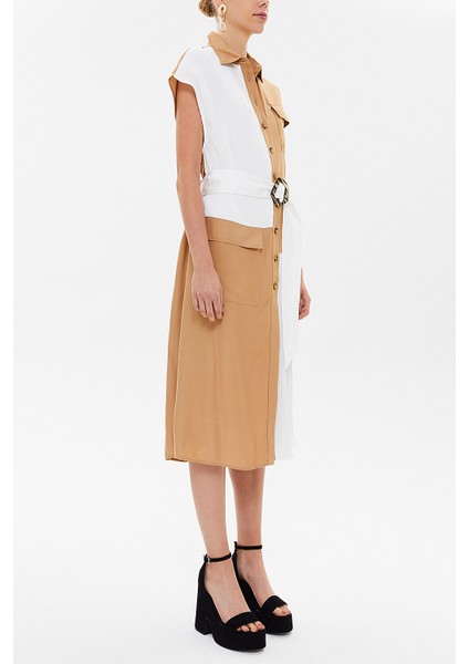 Bej Piliseli Kemerli Midi Elbise 93288