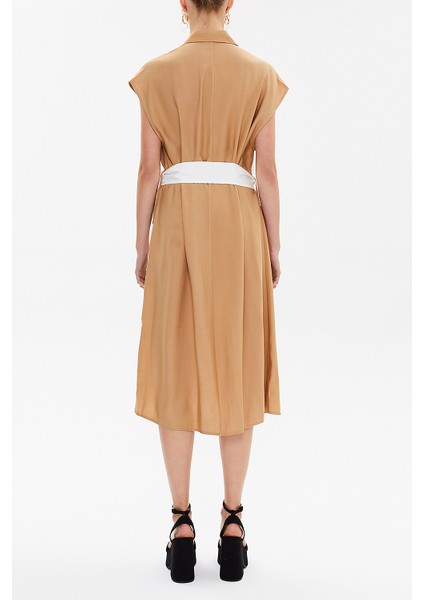 Bej Piliseli Kemerli Midi Elbise 93288