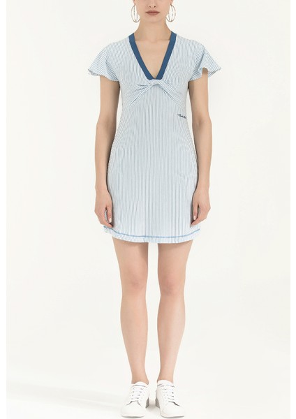 Mavi V Yaka Örme Mini Elbise 92076