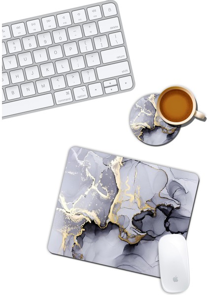 Gri Mermer Desenli Mouse Pad ve Bardak Altığı Set