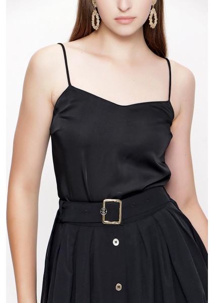 Siyah Beli Lastikli Düğmeli Midi Etek 81211 fırsatları