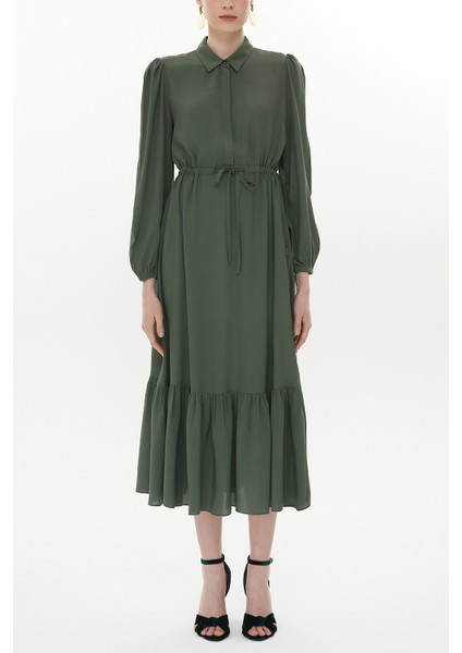 Haki Büzgülü Kemer Detaylı Midi Elbise 93323