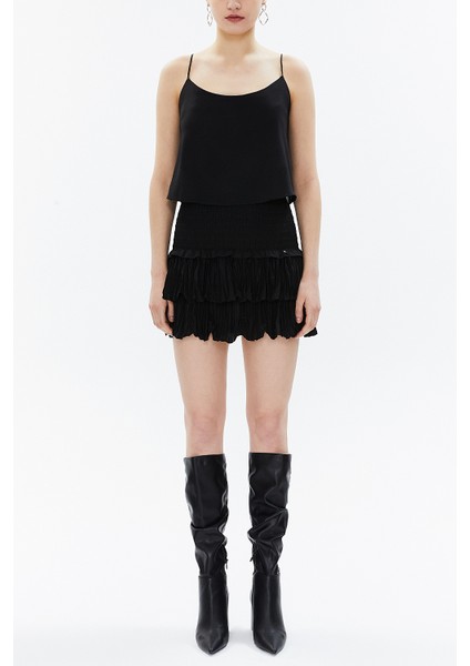 Siyah Beli Lastik Detaylı Volanlı Mini Etek 81156
