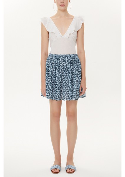 Mavi Desenli Büzgülü Mini Etek 81166
