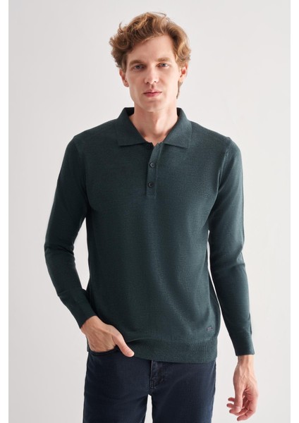 Koyu Yeşil Polo Yaka Cepsiz Comfort Fit Classic Pamuklu Triko Kazak 1012255007