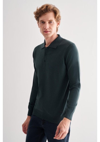 Koyu Yeşil Polo Yaka Cepsiz Comfort Fit Classic Pamuklu Triko Kazak 1012255007 modelleri