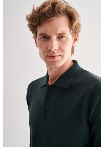 Koyu Yeşil Polo Yaka Cepsiz Comfort Fit Classic Pamuklu Triko Kazak 1012255007 fırsatları