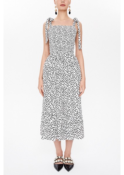 Ekru Gipeli Kalın Askılı Midi Elbise 93100