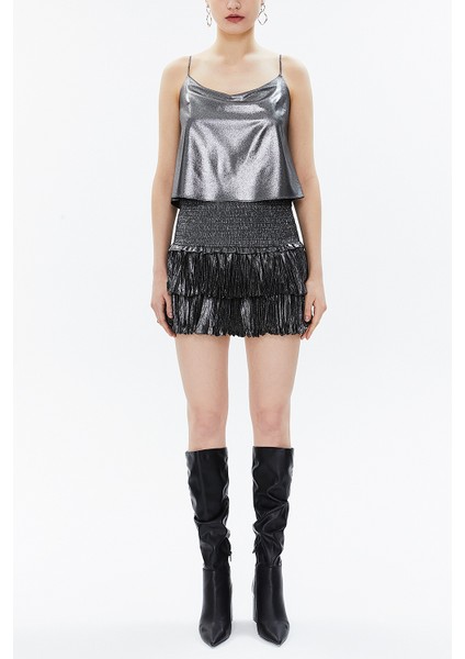 Gümüş Beli Lastik Detaylı Volanlı Mini Etek 81156