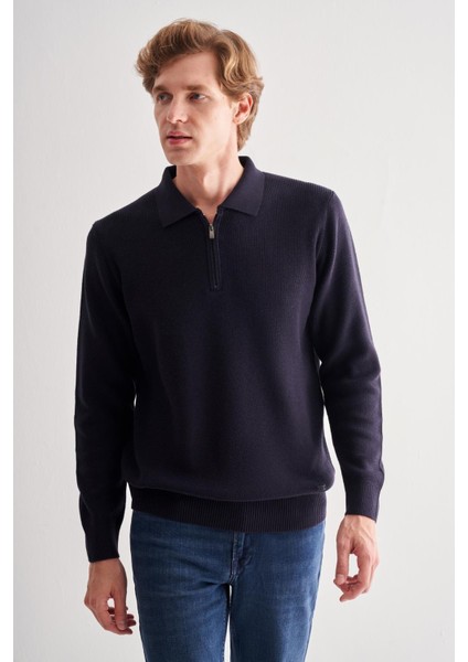 Koyu Lacivert Fermuarlı Polo Yaka Uzun Kol Cepsiz Comfort Fit Casual Pamuklu Triko Kazak 1012255202