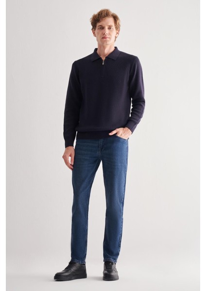 Koyu Lacivert Fermuarlı Polo Yaka Uzun Kol Cepsiz Comfort Fit Casual Pamuklu Triko Kazak 1012255202 fiyatları