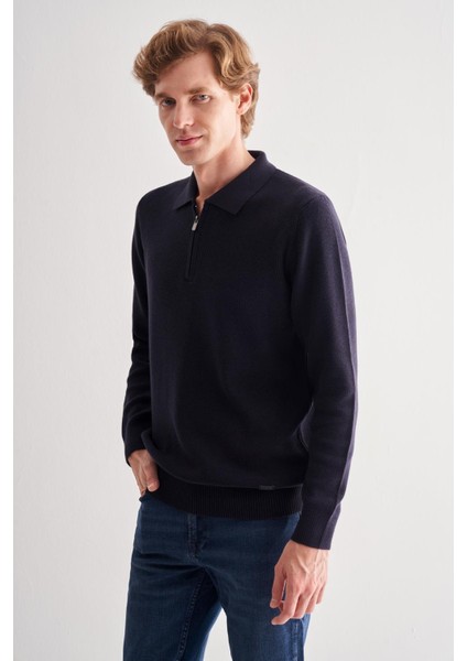 Koyu Lacivert Fermuarlı Polo Yaka Uzun Kol Cepsiz Comfort Fit Casual Pamuklu Triko Kazak 1012255202 modelleri